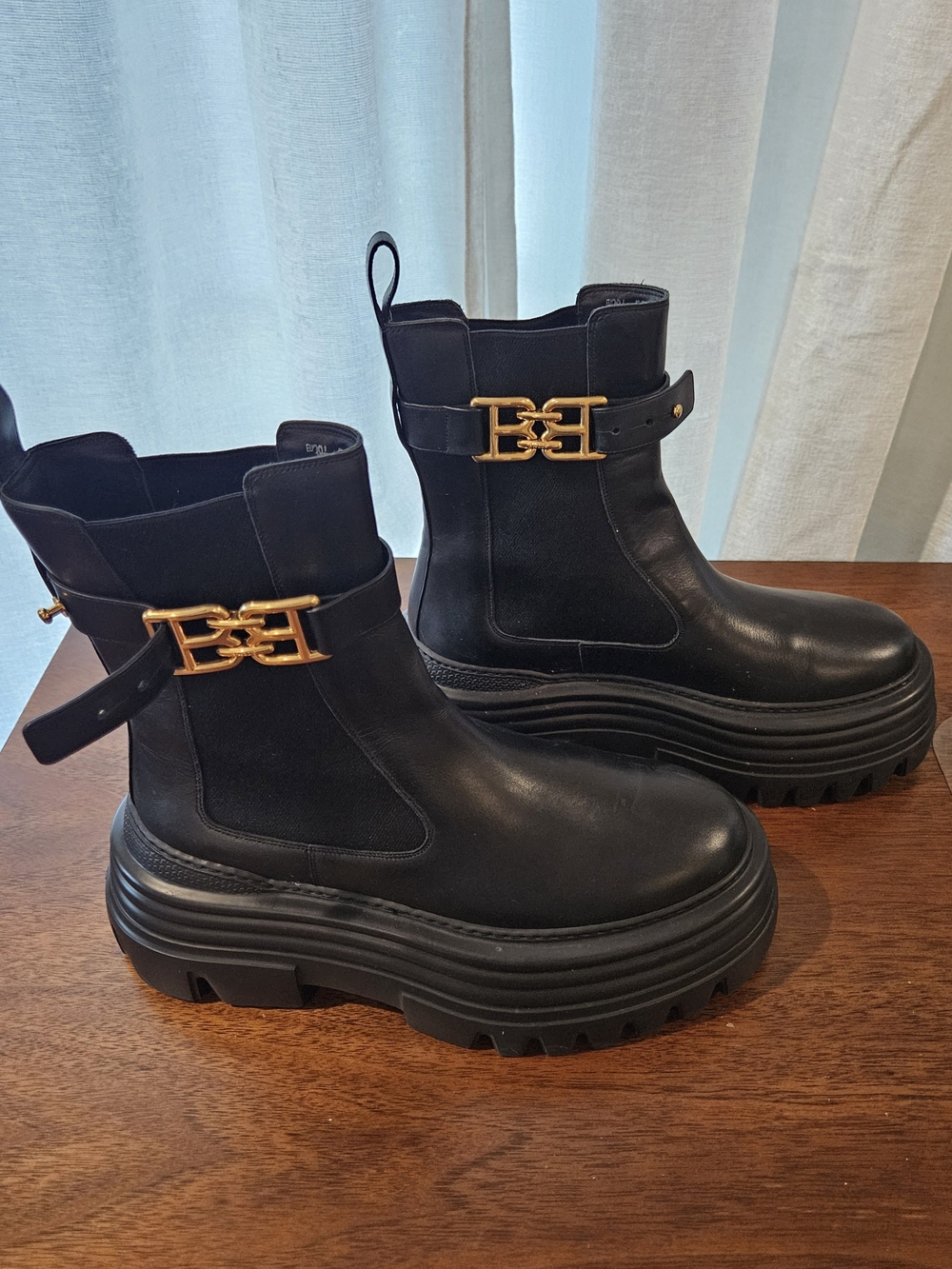 Bally Black Leather B-Chain Platform Ankle Boots Gold Buckle Lug Sole Size